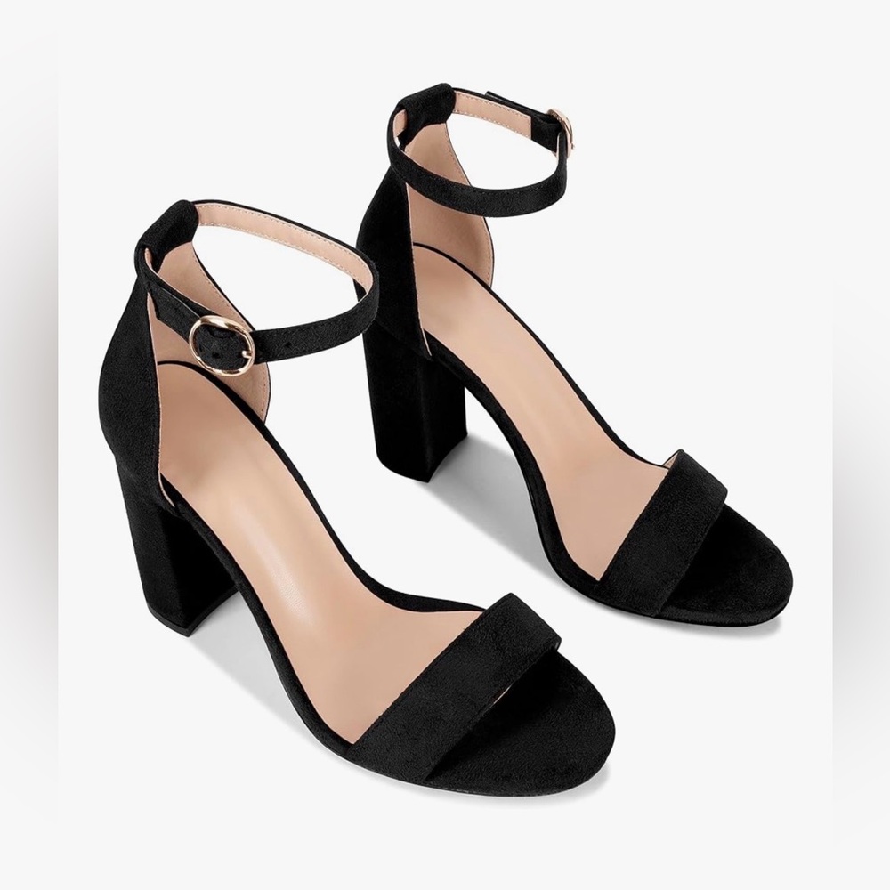 NEW Faux Suede Heels Open Toe Ankle Strap Chunky High Heel Pumps 3.35” 8.5